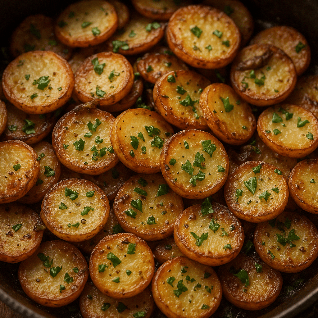 Pommes de terre à la sarladaise dorées, tranchées en rondelles épaisses, sautées à la graisse de canard et parsemées de persil frais ciselé.